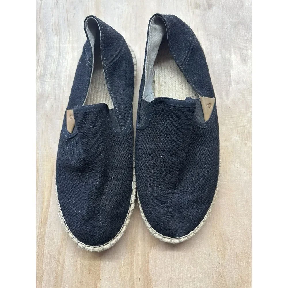 OluKai Kaula Pa'a Kapa Shoes Womens Size 8 Black Espadrille Slip On Canvas Flats